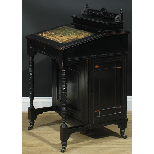 112 - A late Victorian Aesthetic Movement ebonised Davenport desk, hinged rectangular superstructure enclo... 