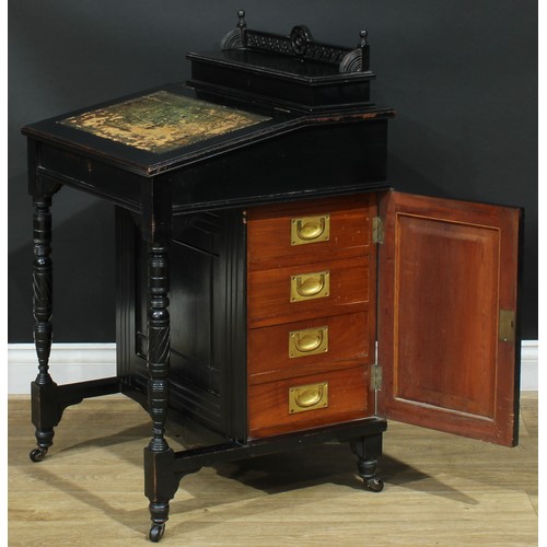 112 - A late Victorian Aesthetic Movement ebonised Davenport desk, hinged rectangular superstructure enclo... 