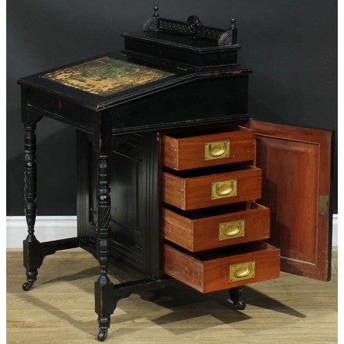 112 - A late Victorian Aesthetic Movement ebonised Davenport desk, hinged rectangular superstructure enclo... 