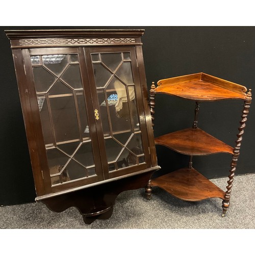 97 - A mahogany astral-glazed corner cabinet, 107cm tall x 68cm wide;  a Victorian rosewood corner what-n... 