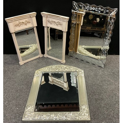 98 - A pair of Regency style wall mirrors, each measuring 61cm x 38cm, 20th century;  a Viennese style wa... 