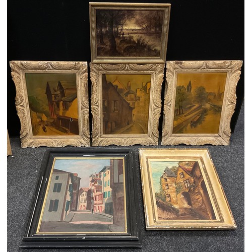 281 - Continental school, mid 20th century, a set of three, views of Paris, and French towns, oil on canva... 