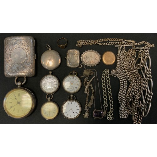 386 - Watches - a large 19th century continental silver open face pocket watch,  others smaller;  five sil... 