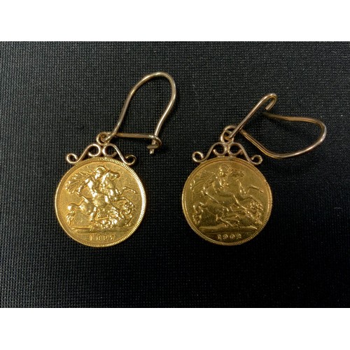 463 - A pair of half sovereign earrings, welded mounts, 1902 & 1897, 9.7g gross (2)