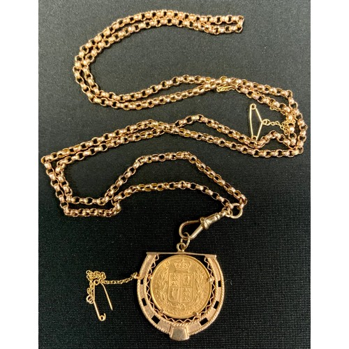 465 - A Victorian sovereign pendant necklace, 1863 sovereign, later mount and 9ct gold chain, 76cm long, 2... 