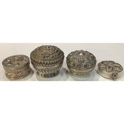 56 - A Chinese silver coloured metal box, character mark; another, Burmese; another; etc (4)