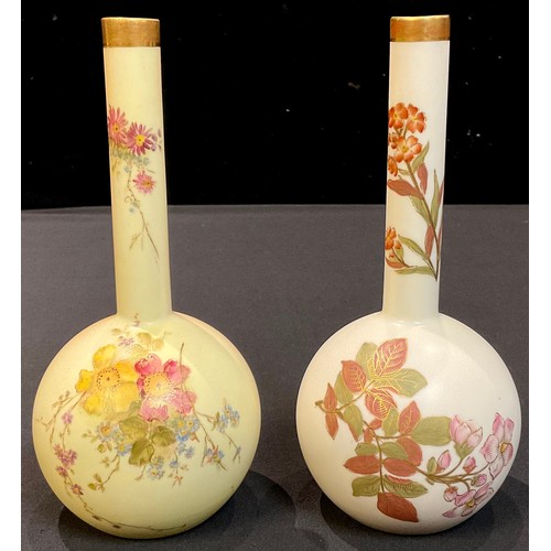 62 - A Royal Worcester blush ivory globular bottle vase, decorated with flowers, picked out in gilt, numb... 