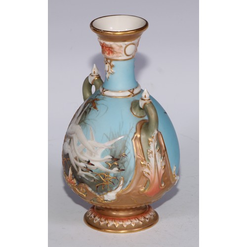 47 - A Royal Worcester ovoid vase, painted by Charles Baldwin, signed, with swans, on a turquoise ground,... 