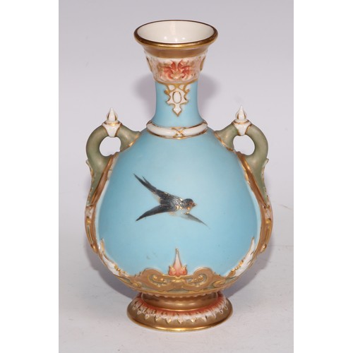 47 - A Royal Worcester ovoid vase, painted by Charles Baldwin, signed, with swans, on a turquoise ground,... 