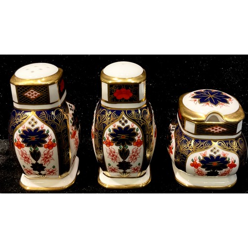 75 - A Royal Crown Derby Imari palette 1128 pattern salt pot, pepper pot and mustard pot with cover, seco... 