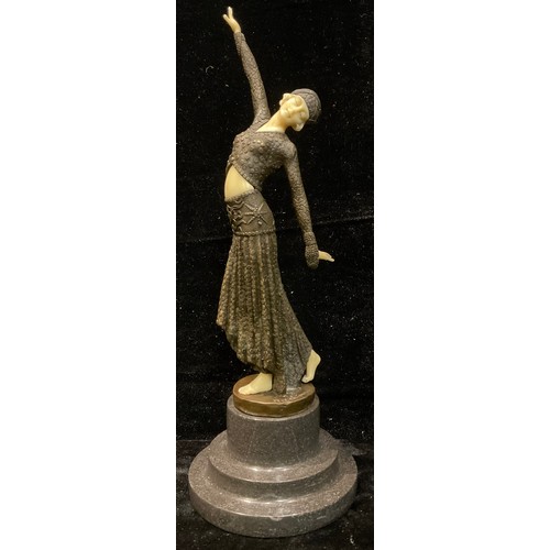 83 - D.H. Chiparus, after, Art Deco style bronzed figure, Footsteps, circular marble base, 37cm high