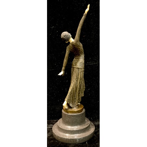 83 - D.H. Chiparus, after, Art Deco style bronzed figure, Footsteps, circular marble base, 37cm high