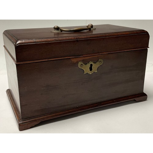 87 - A George II mahogany tea caddy, hinged cover with brass swan neck handle, enclosing three compartmen... 