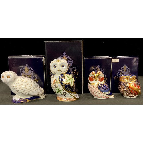 94 - A Royal Crown Derby paperweight, Twilight Owl, gold stopper, boxed; others, Tawny Owl, gold stopper,... 