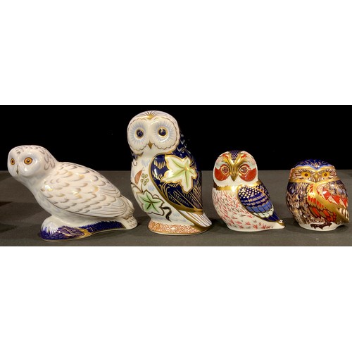 94 - A Royal Crown Derby paperweight, Twilight Owl, gold stopper, boxed; others, Tawny Owl, gold stopper,... 