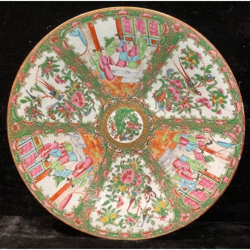 99 - A large 19th century Cantonese Famille Rose dish, 37.5cm diameter, stapled repair