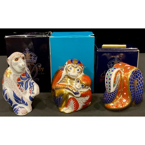 100 - A Royal Crown Derby paperweight, Barbary Macque, gold stopper, boxed; others, Monkey and Baby, gold ... 