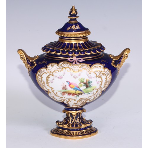 111 - A Royal Crown Derby two handled pedestal ovoid vase and cover, painted by Charles Harris, signed wit... 