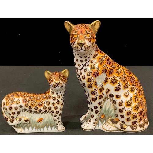 113 - A Royal pair of Crown Derby paperweights, Leopardess, Govier's signature edition, gold stopper, prin... 