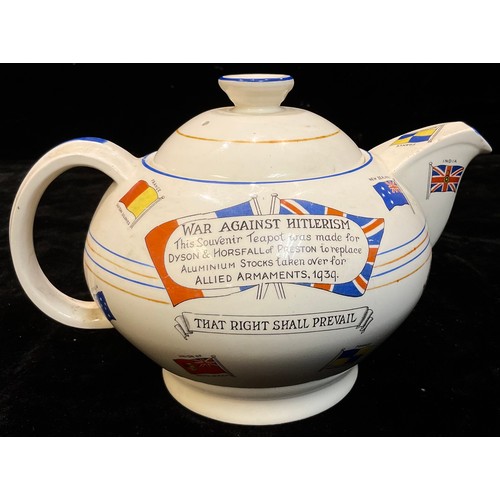 139 - A Crown Ducal teapot, transfer printed, War Against Hitlerism, This Souvenir Teapot was made for Dys... 