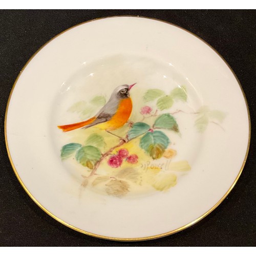 143 - A Royal Worcester plate, decorated by Powell, signed, painted with a redstart bird, 11.5cm diameter,... 