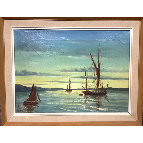 159 - W Laker  
Barges off the Suffolk Coast  
signed, oil on canvas, 40cm x 55cm