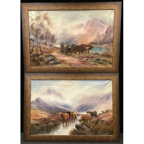 160 - J.B. Douglas, 
a pair, Highland Cattle, 
signed, oil on canvas, 50cm x 75cm