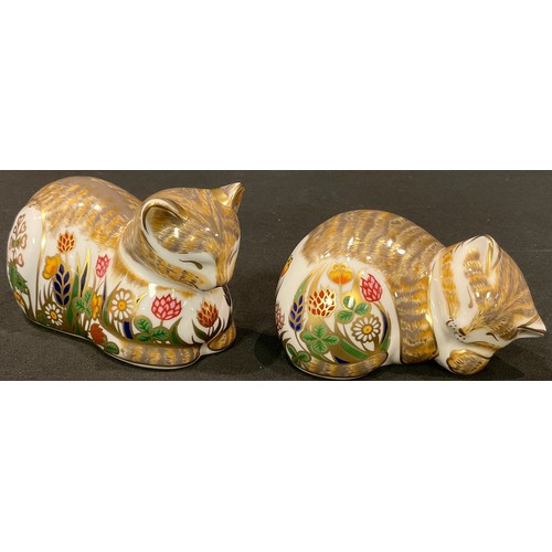 164 - A pair of Royal Crown Derby paperweights, Daddy, Cottage Garden Cat, gold stopper, printed marks and... 