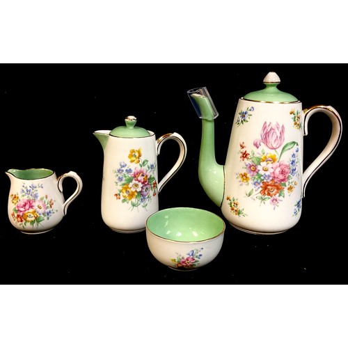 169 - A Crown Staffordshire coffee pot, hot water jug, milk jug and sugar bowl, transfer printed with spra... 