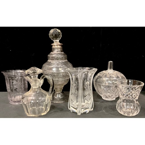 190 - Glassware - a William IV cut glass decanter, silver mount, Birmingham 1830; a bowl and cover; decant... 