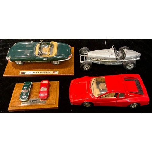 269 - A Burago model, of a Jaguar E Cabriolet 1961, plinth base;  a Bugati Type 59, 1934;  a Ferrari Testa... 