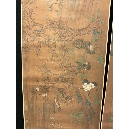 184 - A Chinese scroll, pigments on silk, with with herons and peacocks, 41cm x 175cm x 51cm;  another, wi... 