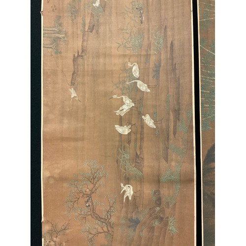 184 - A Chinese scroll, pigments on silk, with with herons and peacocks, 41cm x 175cm x 51cm;  another, wi... 