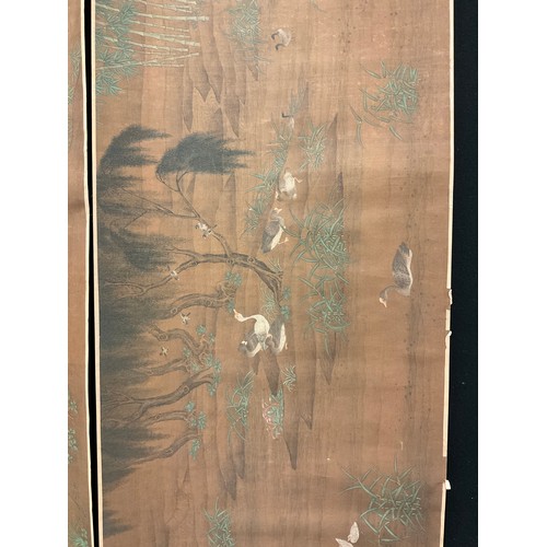 184 - A Chinese scroll, pigments on silk, with with herons and peacocks, 41cm x 175cm x 51cm;  another, wi... 