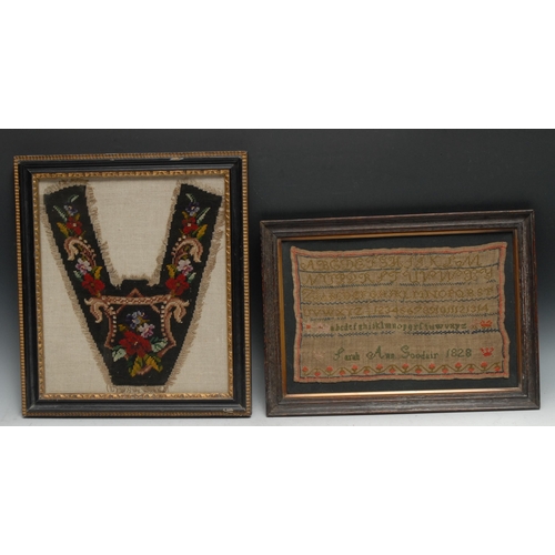 329 - A George IV needlework sampler, Sarah Ann Goodair 1828, worked in coloured wools with alphabet and n... 