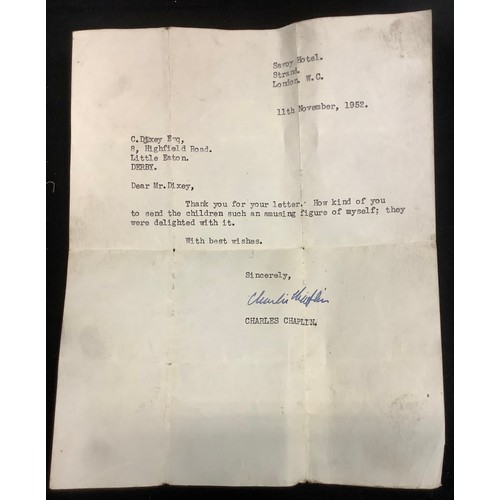 872 - Charlie Chaplin - a  typewritten letter from the Savoy Hotel, Strand, London, to Mr Dixey  Thank you... 