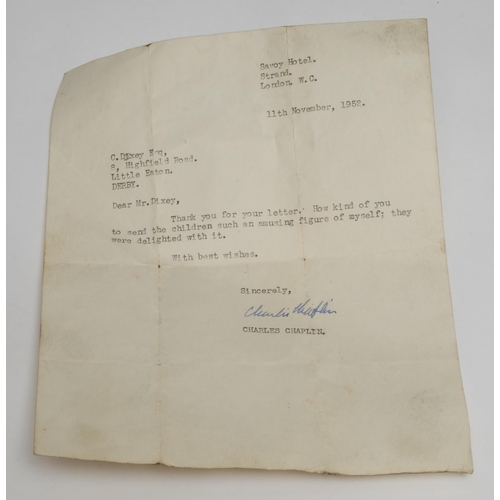 872 - Charlie Chaplin - a  typewritten letter from the Savoy Hotel, Strand, London, to Mr Dixey  Thank you... 