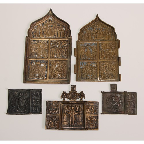 444 - A Russian Orthodox brass triptych icon, in relief with scenes from the life of St Nicholas of Mozhai... 