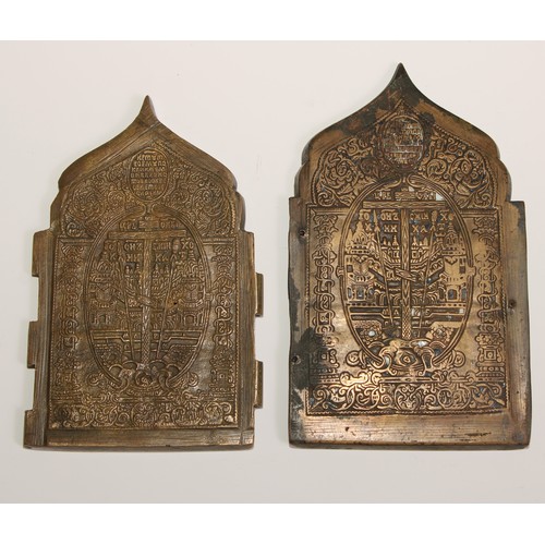 444 - A Russian Orthodox brass triptych icon, in relief with scenes from the life of St Nicholas of Mozhai... 