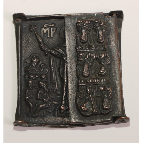 444 - A Russian Orthodox brass triptych icon, in relief with scenes from the life of St Nicholas of Mozhai... 