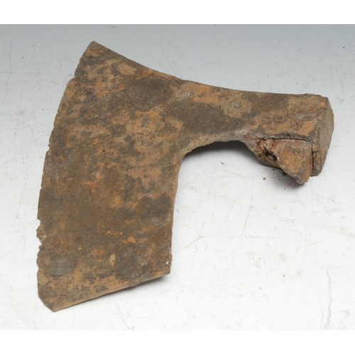 840 - Antiquities - a Viking iron axehead, 26cm long, c.12th century; two Medieval knife blades, 17.5cm an... 