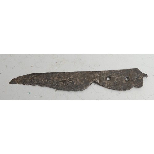 840 - Antiquities - a Viking iron axehead, 26cm long, c.12th century; two Medieval knife blades, 17.5cm an... 