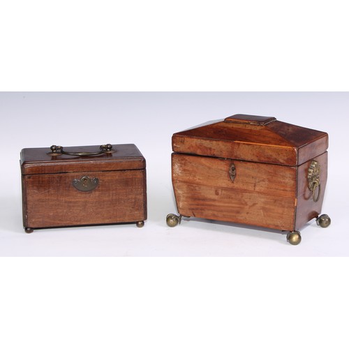 328 - A George II mahogany tea caddy, hinged cover with brass swan neck handle, enclosing two compartments... 