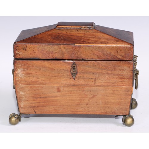 328 - A George II mahogany tea caddy, hinged cover with brass swan neck handle, enclosing two compartments... 