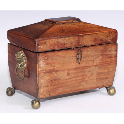 328 - A George II mahogany tea caddy, hinged cover with brass swan neck handle, enclosing two compartments... 