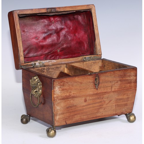 328 - A George II mahogany tea caddy, hinged cover with brass swan neck handle, enclosing two compartments... 