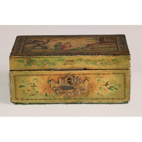 165 - A 19th century painted pine box, the hinged cover with oriental court scene, the sides with musical ... 