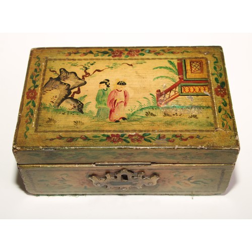 165 - A 19th century painted pine box, the hinged cover with oriental court scene, the sides with musical ... 