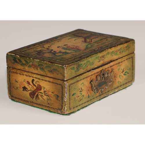 165 - A 19th century painted pine box, the hinged cover with oriental court scene, the sides with musical ... 