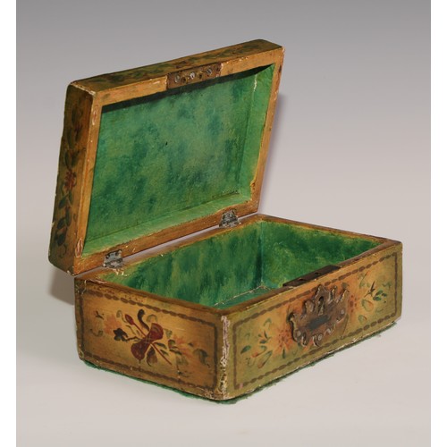 165 - A 19th century painted pine box, the hinged cover with oriental court scene, the sides with musical ... 